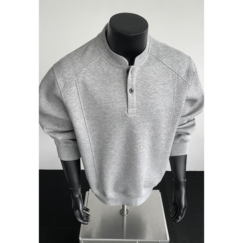 360g Heavyweight Cotton Henry Collar Sweatshirt for Men, Spring and Autumn American Casual Inner Layering Shirt, Trendy Regular Shoulder Top
