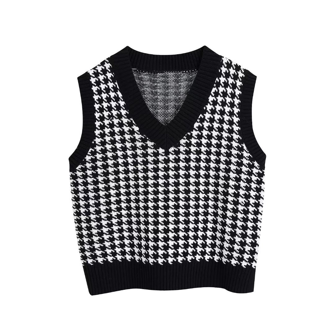 Sleeveless V Neck Houndstooth Knitted Vest NSAM115352