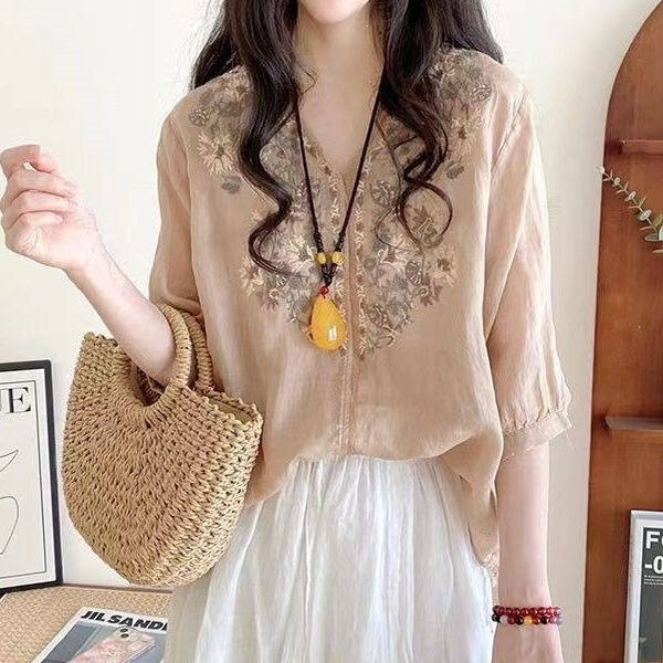 New Chinese-Style Shirt for Women, Summer National Style Embroidered Cotton and Linen V-Neck Loose Slimming Versatile Top
