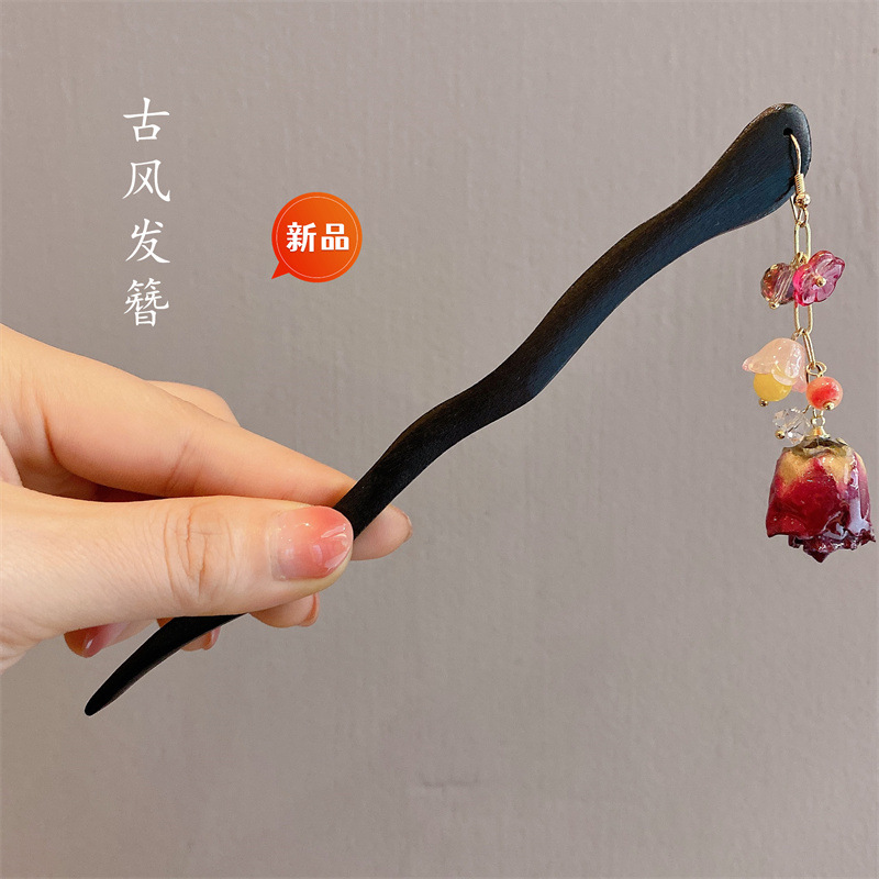 Nueva horquilla de estilo antiguo chino, horquilla de madera femenina, borla, paso a paso, nueva horquilla de estilo chino, horquilla simple