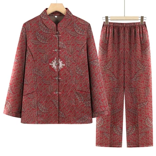 新款奶奶装秋季长袖套装洋气老太太唐装衬衫中式老年人衣服宽松