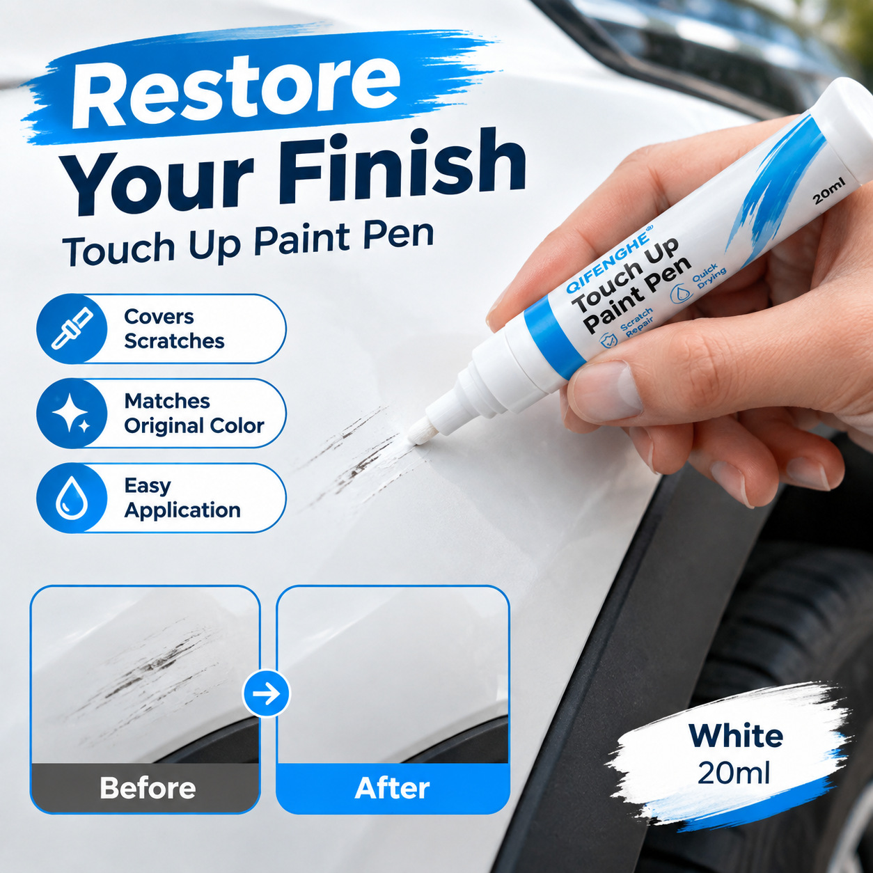Cross-border car touch-up paint pen, white scratch repair liquid, quick-drying, waterproof, for repairing car paint, 20ml