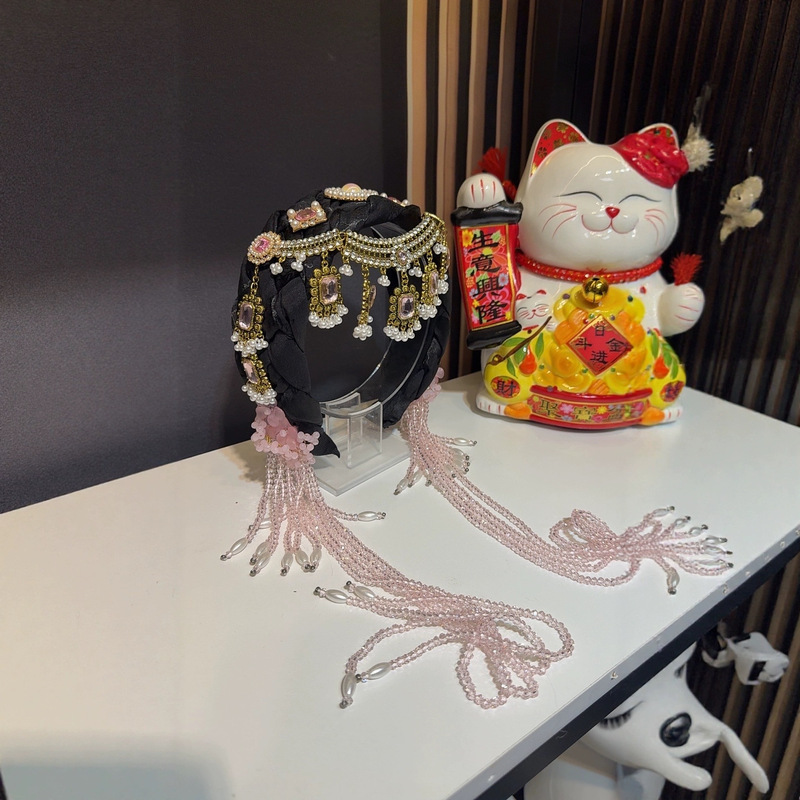 オリジナルピンク中国風クリスタルタッセルヘアバンドヘアピンヘアアクセサリー手作り|undefined