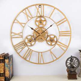 美式复古罗马数字刻度轻奢铁艺静音钟表客厅镂空齿轮大挂表 Clock