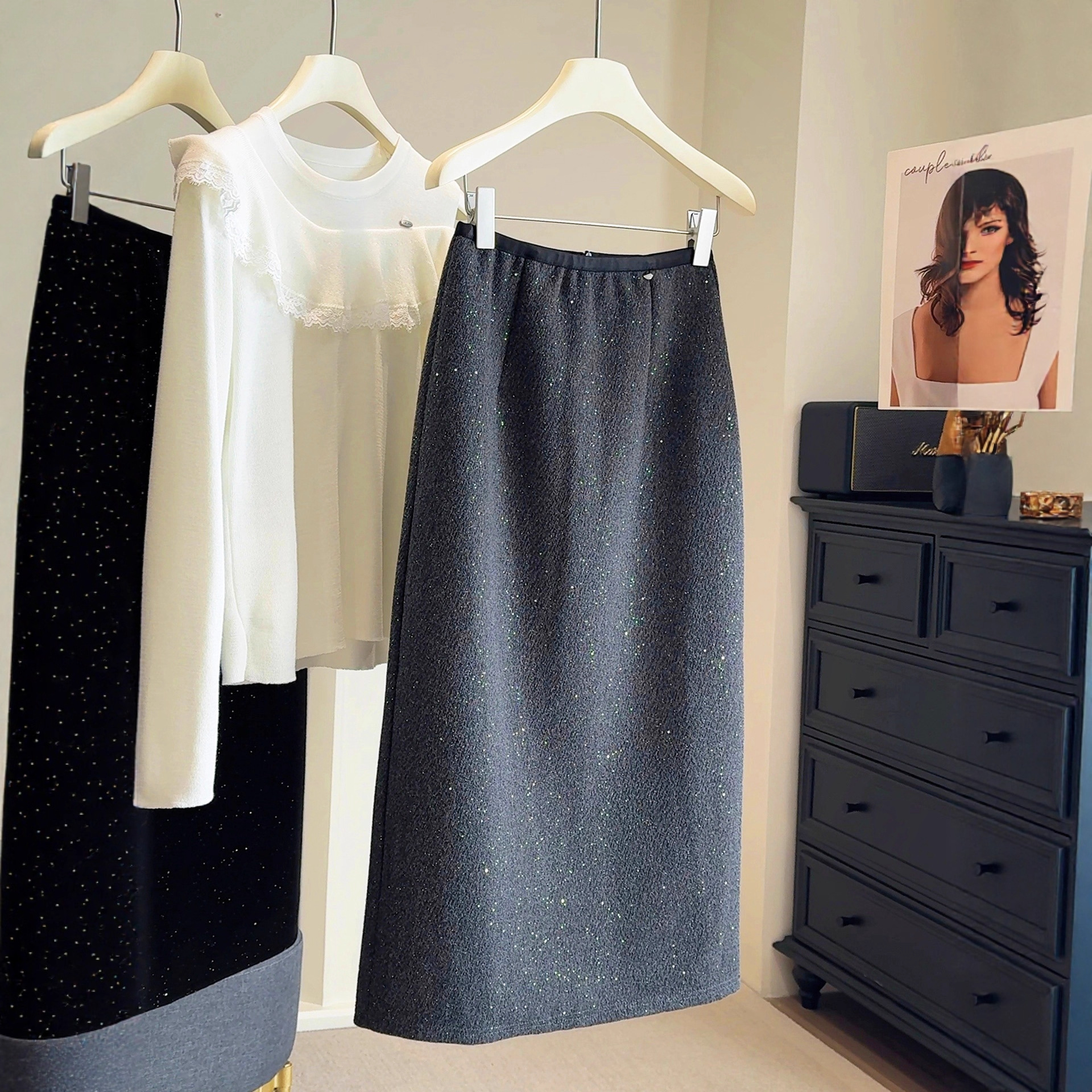 黑色亮片闪闪加厚毛呢半身裙女秋冬新款开叉直筒中长款a字包臀裙