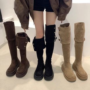 All-Match High Knights Boots Women's 2024 New Thick Bottom Retro Suede Soft Leather Two-Wearing Boots Over-the-Knee Boots