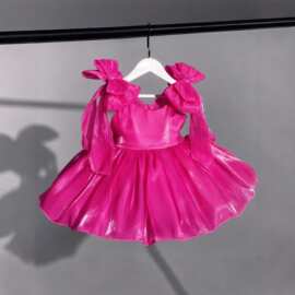 周岁礼服公主裙玫红色圣诞蝴蝶结蓬蓬裙生日派对演出服连衣裙
