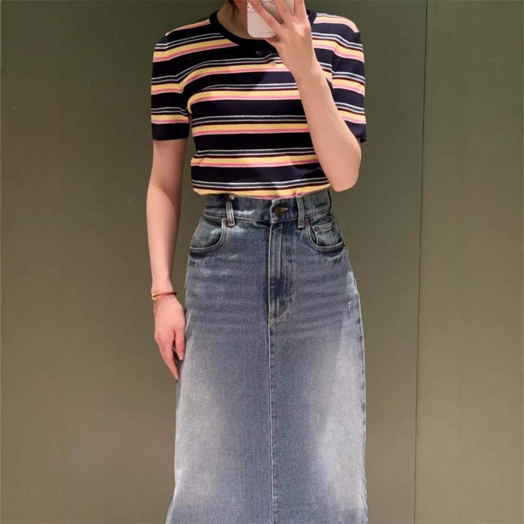 25早春新款南油高定Pra简约百搭复古丹宁牛仔喇叭半身裙高腰