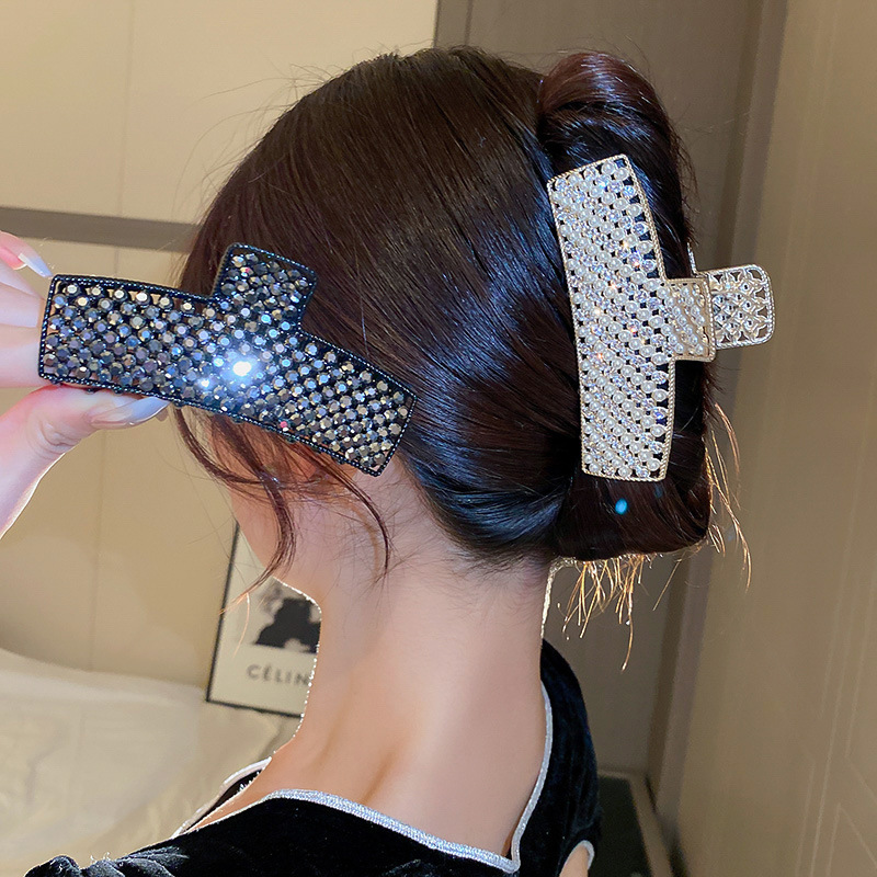 Fashion Quadrilateral Metal Diamond Artificial Pearls Hair Claws 1 Piece5