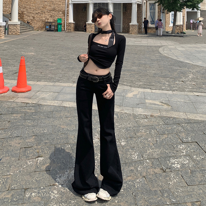 Black Low-Waist Micro-Flared Jeans for Women 2025 Spring & Fall Elastic Casual Slimming Look Design Floor-Length Flared Pants Black Low-Waist Micro-Flared Jeans for Women 2025 Spring & Fall Elastic Casual Slimming Look Design Floor-Length Flared Pants