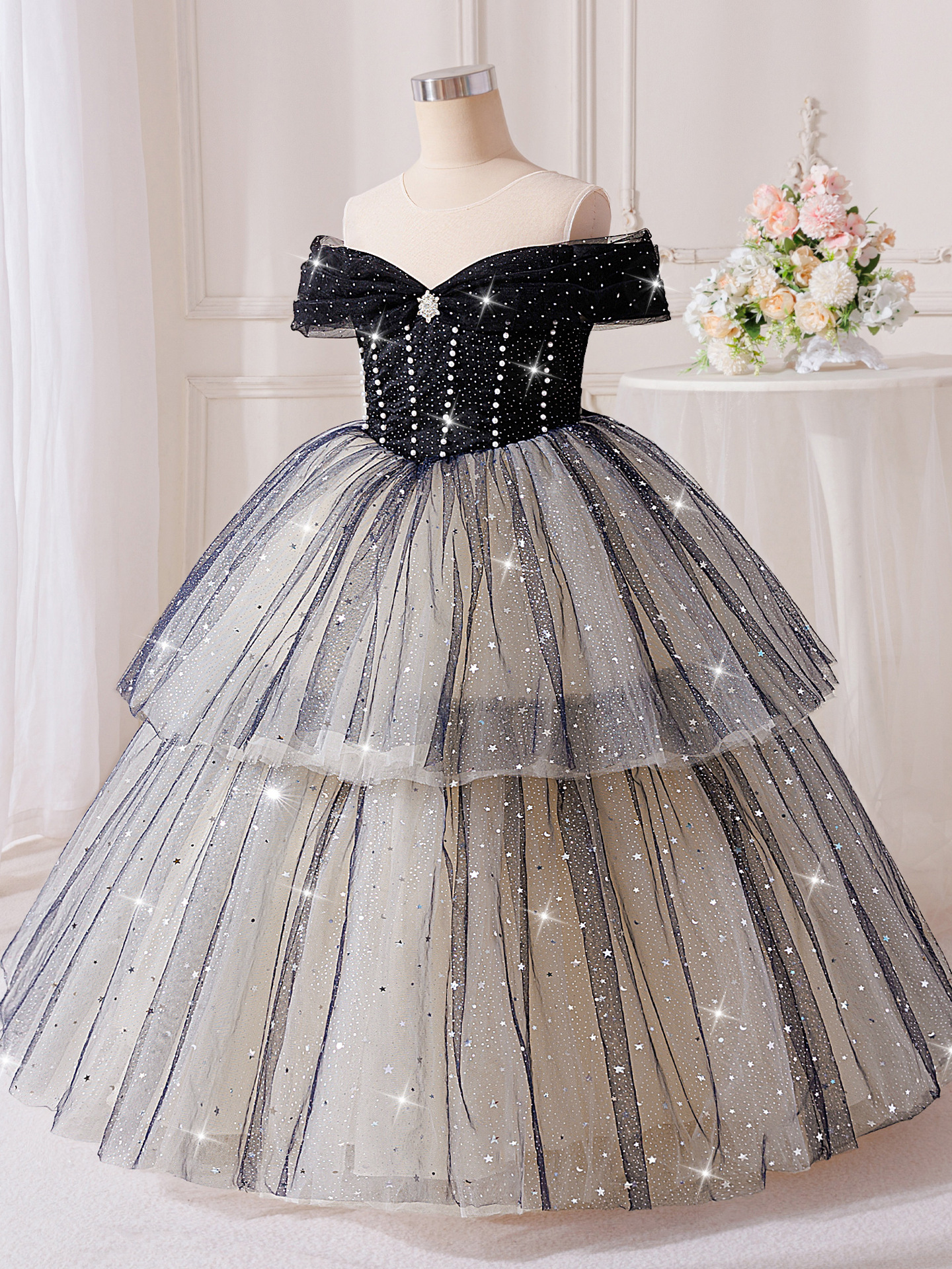 Ropa de nicho lujoso nicho de alta gama vestido de princesa niño pequeño anfitrión de competición de piano tocando vestido de desfile