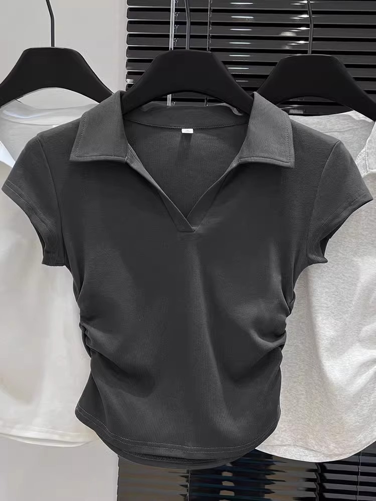 Women's Clothing Slim Fit Polo Collar Top Short Sleeve Ruched V Neck Grey T-Shirt Stylish Fitted Hot Girl Look Summer_voghion.com