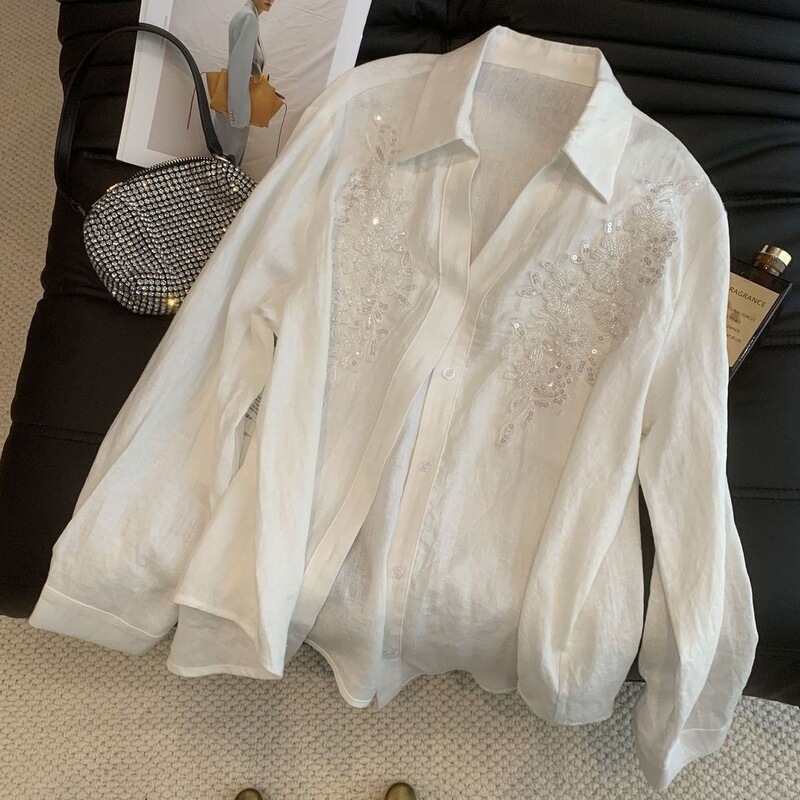 Heavy-duty sequin-embroidered white long-sleeve shirt, 2026 new style, loose fit, fashionable, and slimming Heavy-duty sequin-embroidered white long-sleeve shirt, 2026 new style, loose fit, fashionable, and slimming
