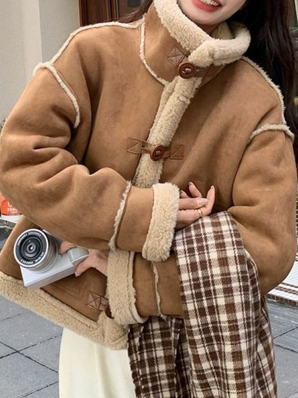 한국 스타일 모피 원피스 모방 양고기 양모 코트 여성 2025 년 겨울 신식 쇼트 스웨이드 코트 (세로 칼라 포함)