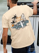 男士休闲短袖棕榈树与冲浪图案印花T恤 - 夏日海滩度假圆领透气上