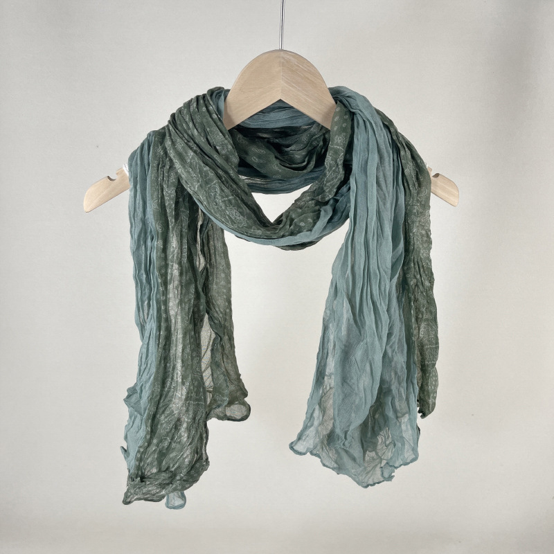 Foreign Trade Spring and Autumn Mori Artistic Scarf Women's All-match Pleated Solid Color Cashew Flower Stitching Thin Crumpled Cotton and Linen Scarf