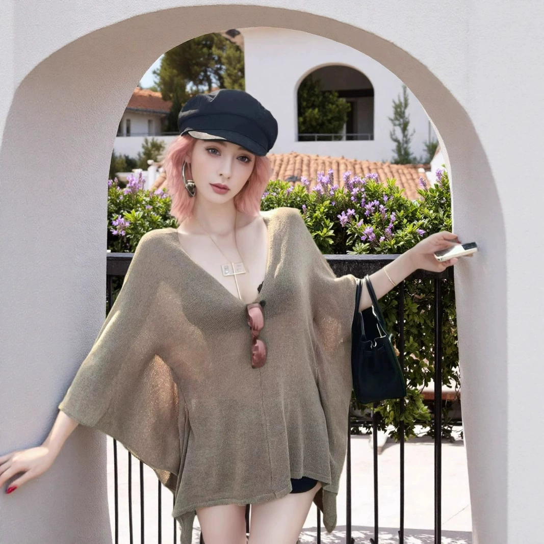 Трансграничная новинка 2025 года: стильная ленивая кофта с рукавами-крыльями, вязаная, защита от солнца, свободный крой, V-образный вырез, тонкий элегантный топ, экспортный стиль