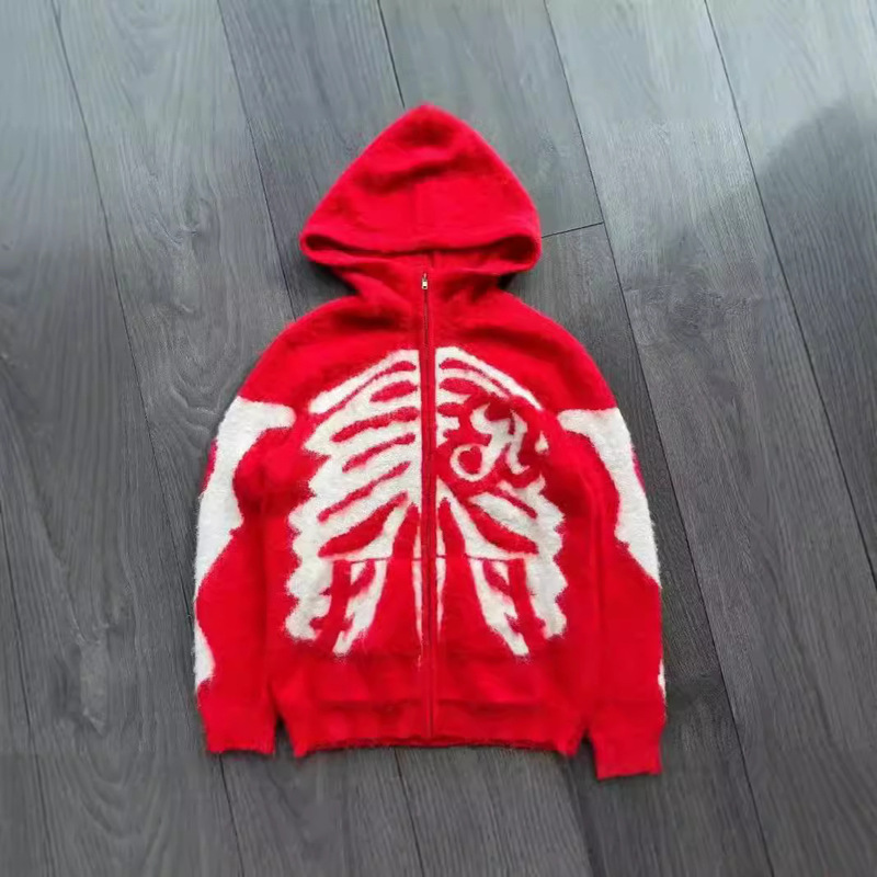 European and American Winter plus size Loose Zipper Hooded Cardigan Knitwear Punk Skull Pattern Fashion Street Wear