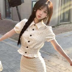 富家千金感波点套装裙女夏季甜美翻领短袖衬衫蕾丝边半身裙两件套