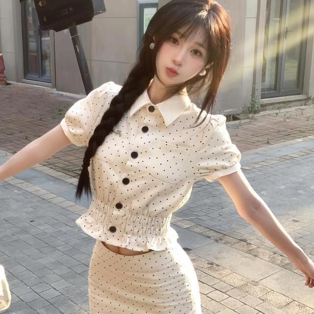 富家千金感波点套装裙女夏季甜美翻领短袖衬衫蕾丝边半身裙两件套|undefined