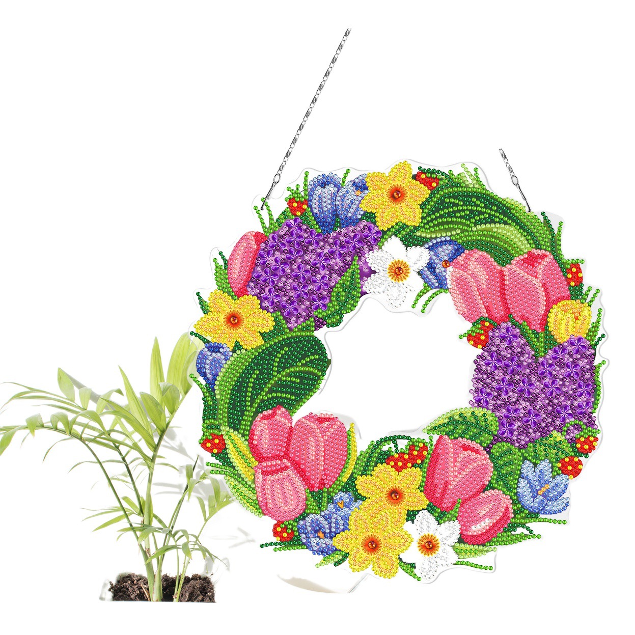 Accesorios para pintura de diamantes, adornos colgantes circulares DIY, pintura de diamantes de PVC, pegatinas brillantes de flores y pájaros, bordado decorativo para sala de estar