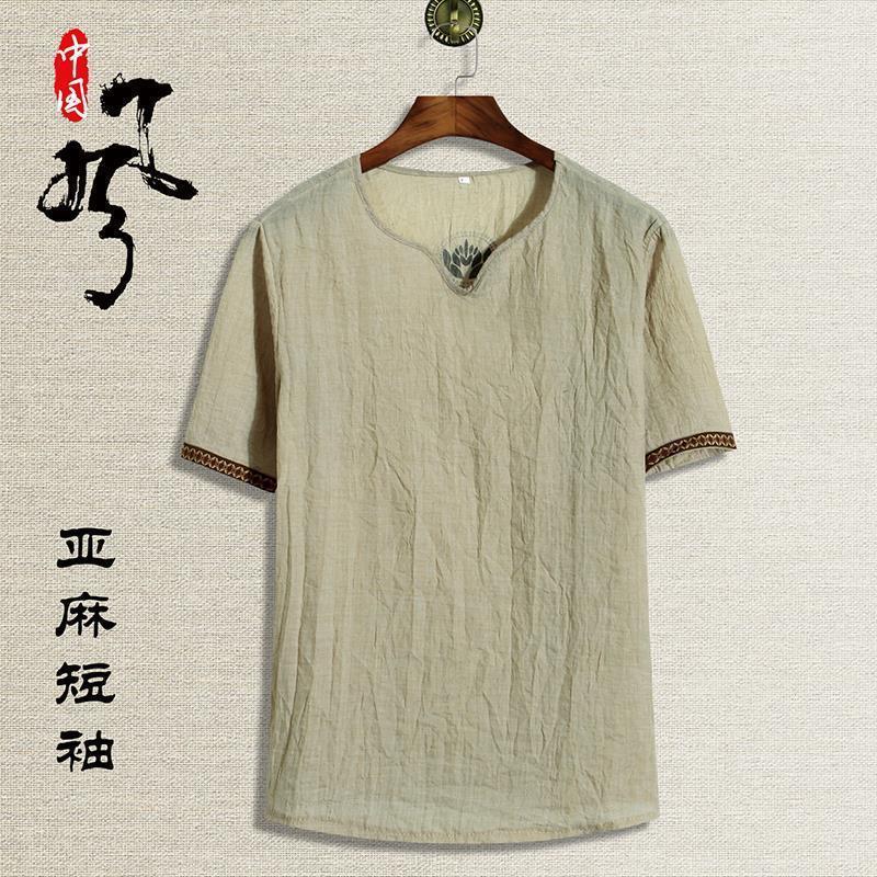 Verano con cuello en V de manga corta de los hombres de algodón transpirable y lino camiseta casual versátil media manga de los hombres retro camiseta delgada superior