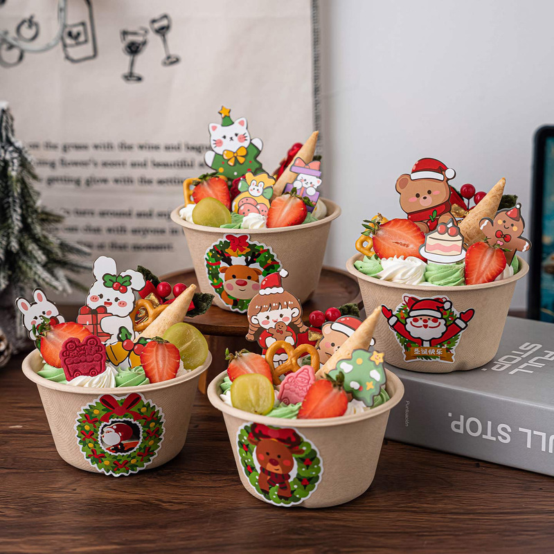 2026 Christmas Creative Paper Mache Bowl Cake Decoration Merry Christmas Cartoon Bear and Bunny Holiday Dessert Topper