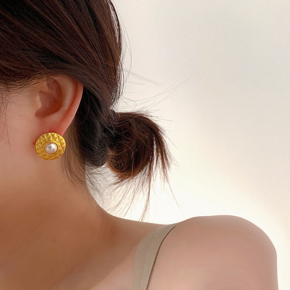 French Style Round Copper Plating Inlay Artificial Gemstones Artificial Pearls Ear Studs 1 Pair