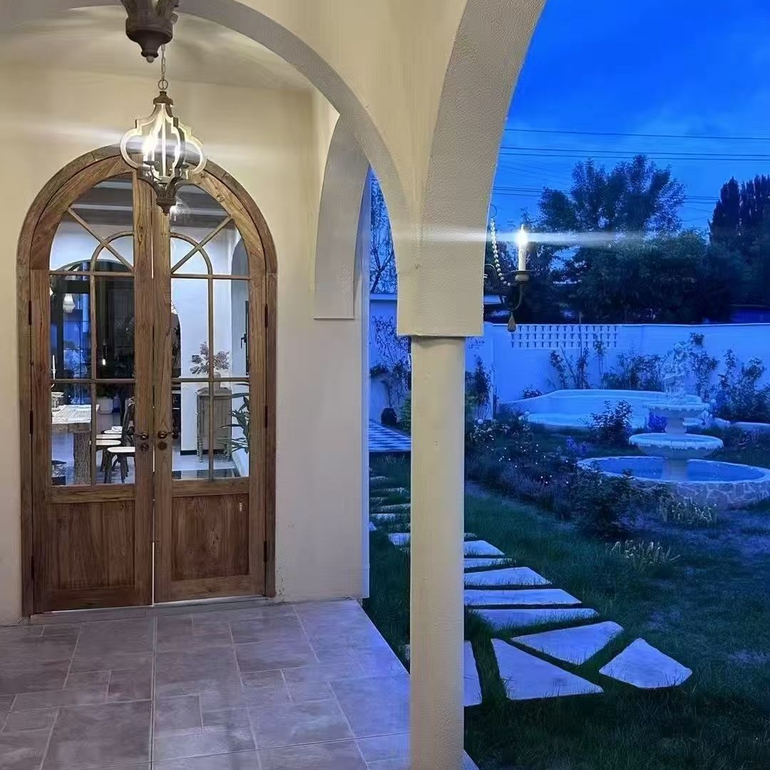 侘寂风老榆木拱形门实木卫生间圆弧门奶茶店咖啡馆原木玻璃门窗