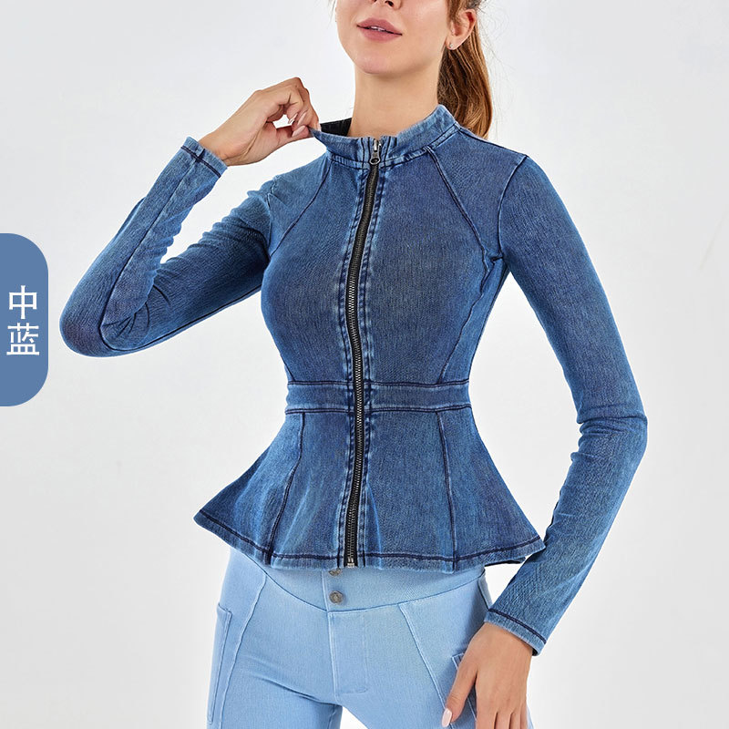 Primavera y verano nuevo Denim yoga cremallera motocicleta cuello alto adelgazamiento francés cintura deportes ropa de entrenamiento