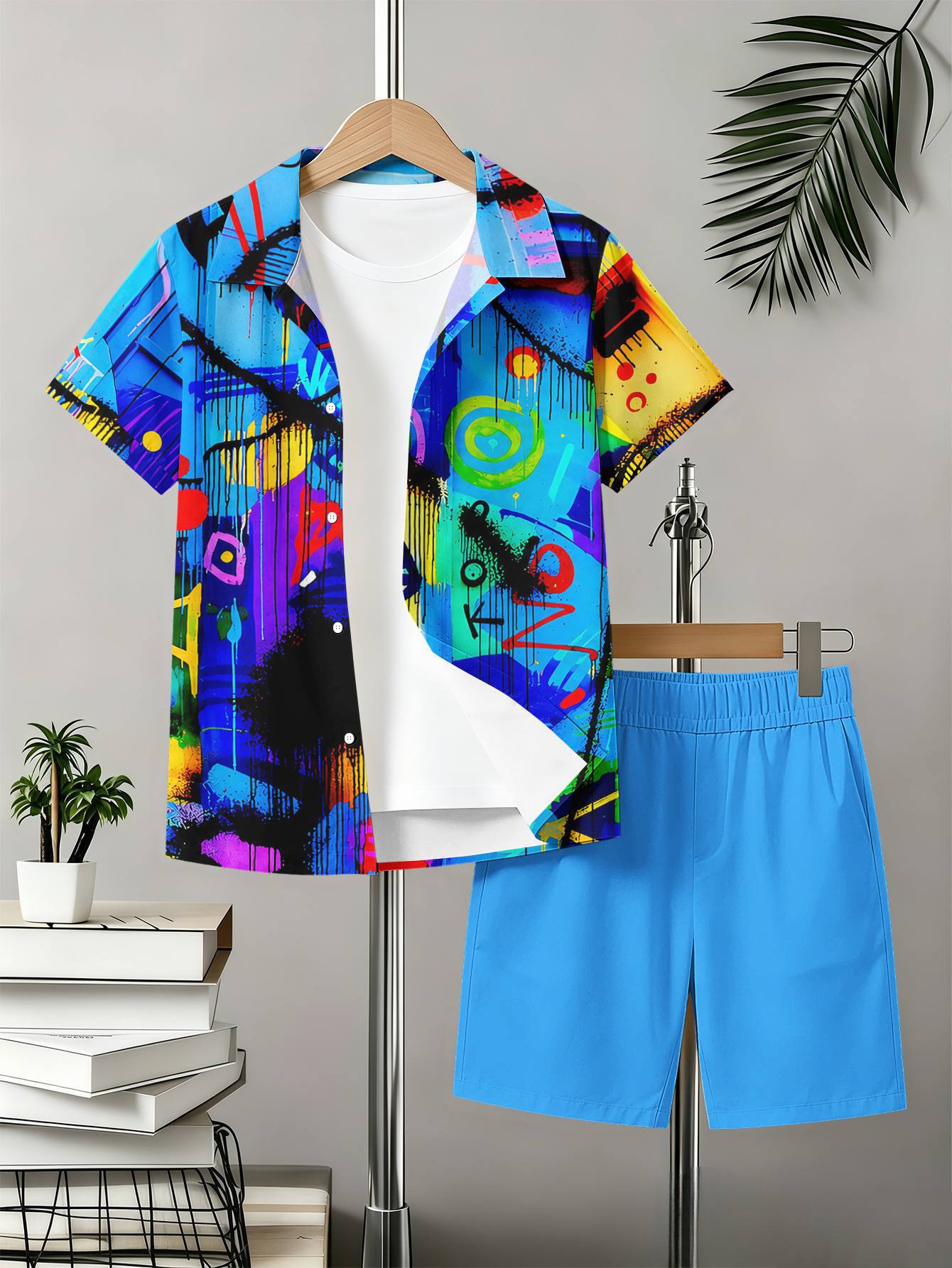 Boys Retro 3d Print Collared Shirt And Shorts Summer Set_voghion.com