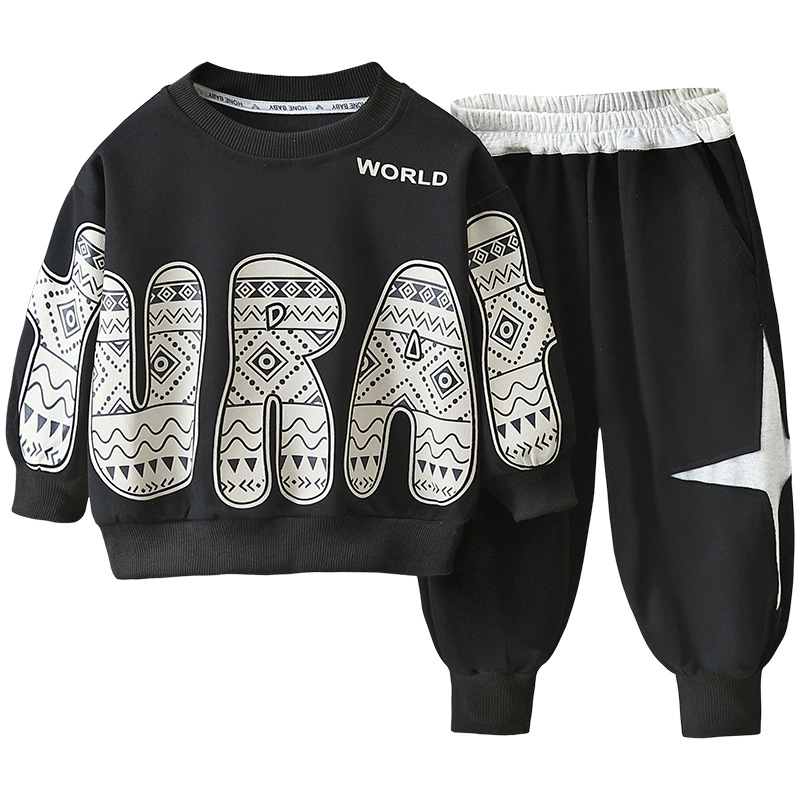 7625 traje de suéter negro para niños 2025 nuevo traje deportivo de dos piezas de primavera casual ropa para niños de moda