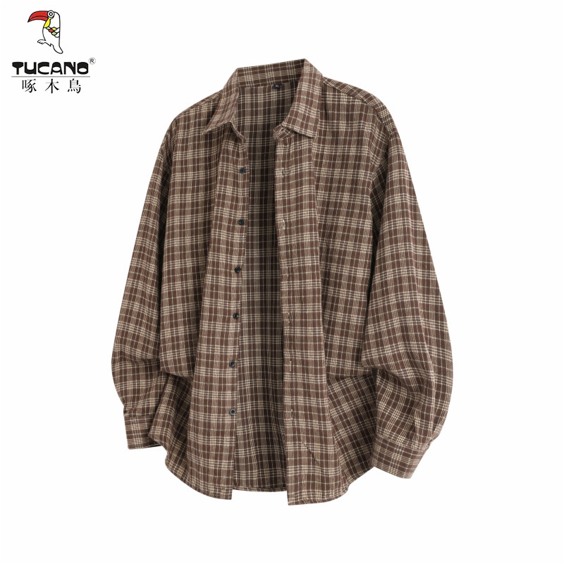 Woodpecker American Retro Brown Plaid Shirt for Men, Summer Wear, Pure Cotton Plaid Long-Sleeved Shirt, Inner Layer Top Woodpecker American Retro Brown Plaid Shirt for Men, Summer Wear, Pure Cotton Plaid Long-Sleeved Shirt, Inner Layer Top