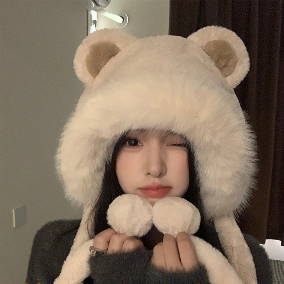 2025 nuevo sombrero coreano de otoño y invierno para mujeres caliente sombrero frío de punto multifuncional grueso orejas de oso lana sombrero Thunderfeng
