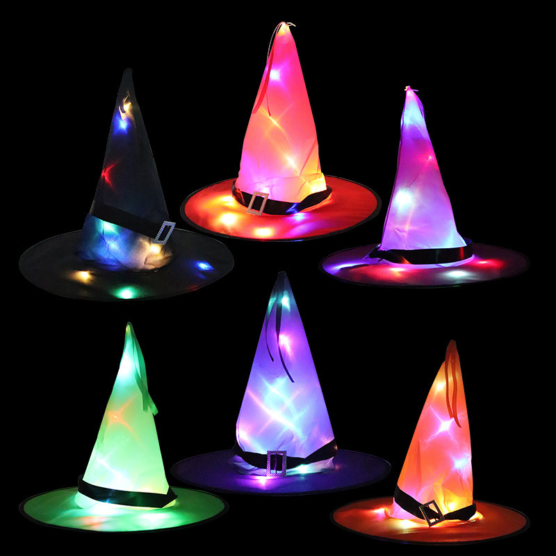 2022万圣节帽鬼节派对装饰道具LED发光巫婆帽魔法师女巫帽巫师帽