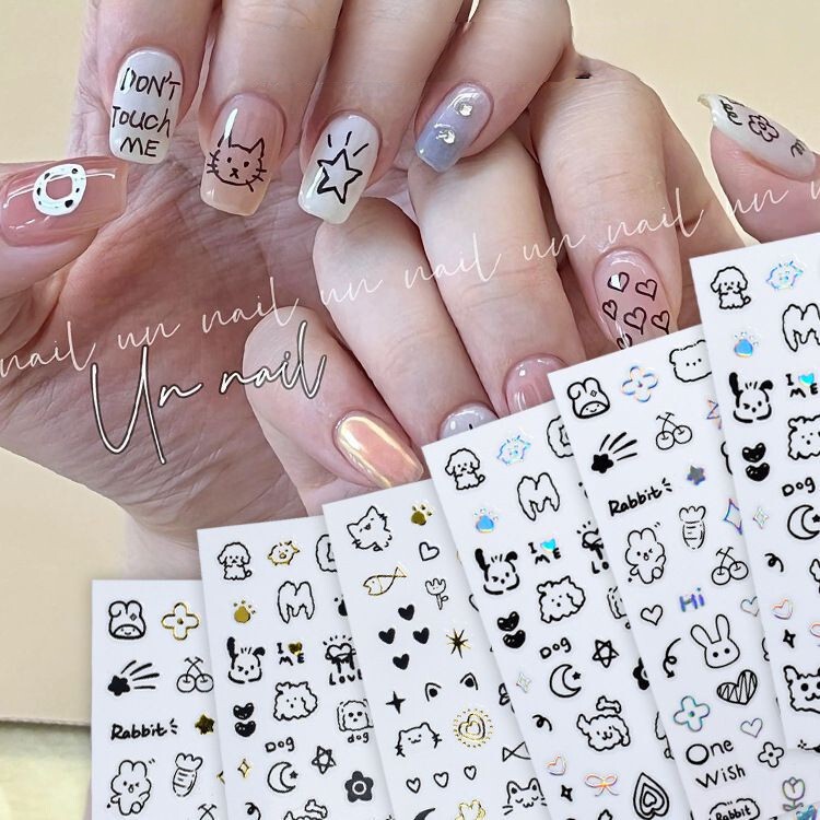 Cute sweet cool style graffiti nail stickers wholesale cartoon fun rabbit puppy cat back glue net red nail stickers Cute sweet cool style graffiti nail stickers wholesale cartoon fun rabbit puppy cat back glue net red nail stickers