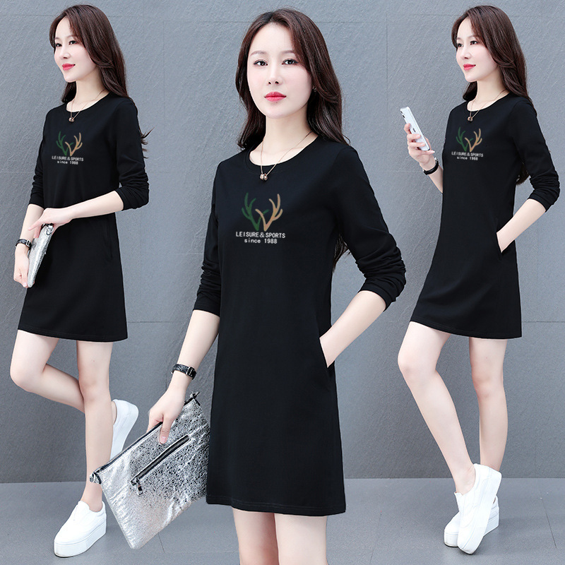 Mom's Outfit 95% Cotton Round Neck T-Shirt Dress for Women 2022 Autum New Style with Flap Pocket Pantss, Loose and Slimming Look Mom's Outfit 95% Cotton Round Neck T-Shirt Dress for Women 2022 Autum New Style with Flap Pocket Pantss, Loose and Slimming Look
