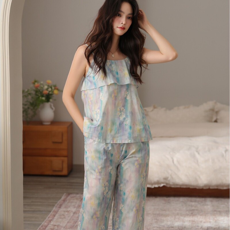 Princess Urala Summer Floral Gradient Morandi Color Tone Suspender Pants Woven Cotton Pajamas Homewear Princess Urala Summer Floral Gradient Morandi Color Tone Suspender Pants Woven Cotton Pajamas Homewear