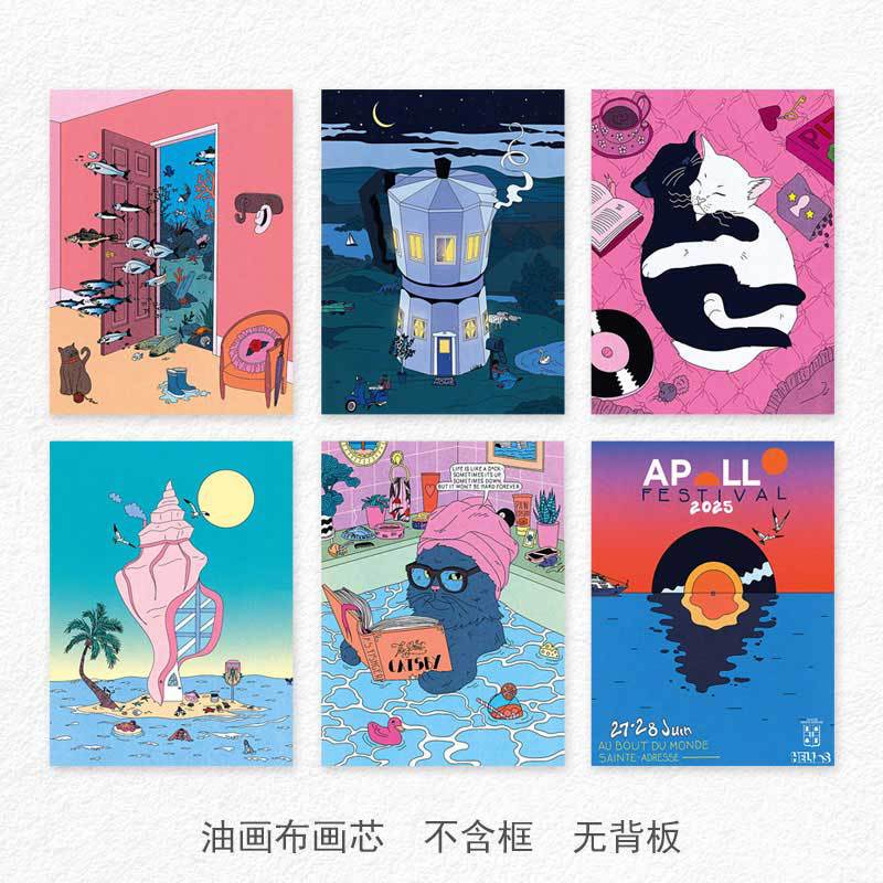 Retro-style illustration featuring a cute kitten, a dopamine-inducing poster, and decorative artwork for the living room, bedroom, or bedside Retro-style illustration featuring a cute kitten, a dopamine-inducing poster, and decorative artwork for the living room, bedroom, or bedside