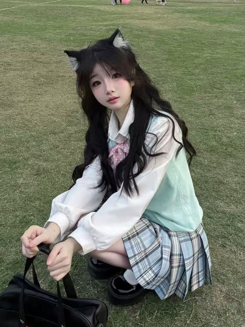 오리지널 일본 JK 유니폼 새로운 스타일의 느슨한 파란색 격자 무늬 스커트 대학 스타일 풀오버 조끼 여자 학교 섹시한 부드러운 소녀 정장