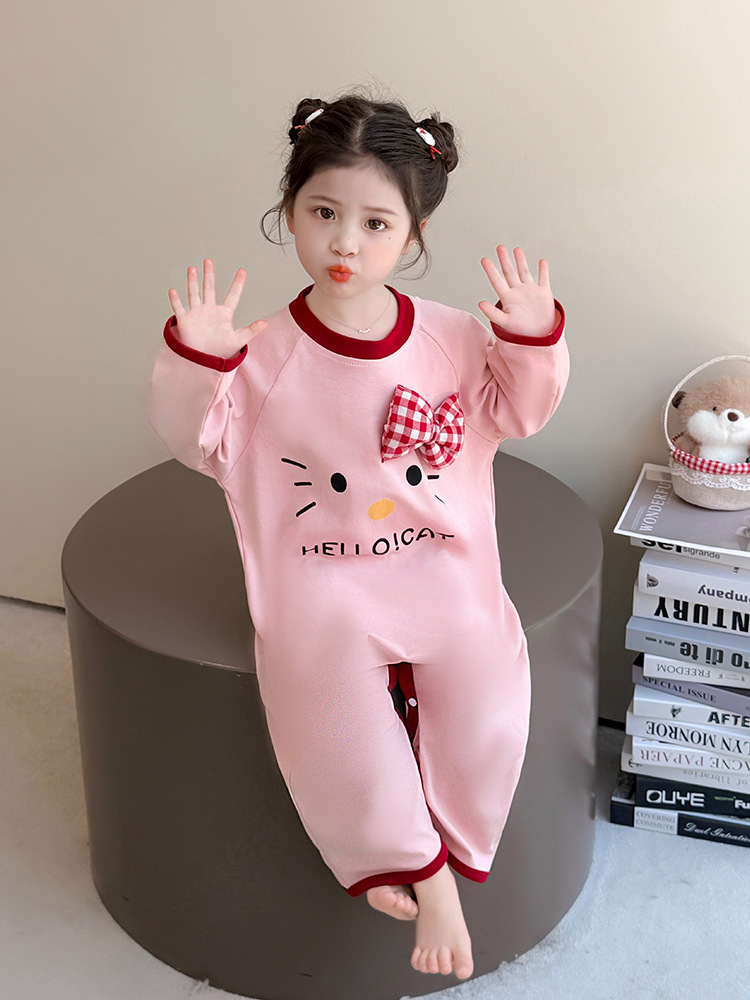 Pijamas de niñas primavera y otoño 2025 nuevo estilo extranjero para niñas bebé manga larga bolsa de dormir de dibujos animados para niños camiseta