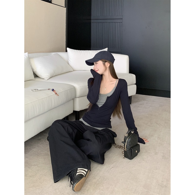 纯欲辣妹拉链开衫叠穿内搭背心女早秋宽松休闲藏青色阔腿裤两件套|undefined