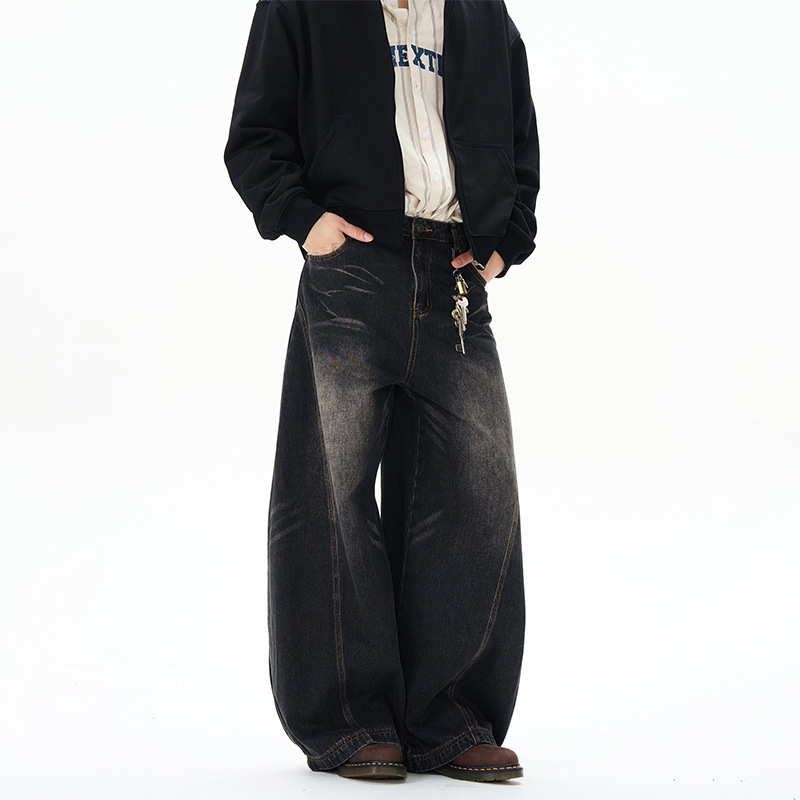 boy American Retro Cat Whiskers Washed Jeans Men's Niche Design Atmosphere Loose Straight Wide-Leg Denim Pants_viptrois.com
