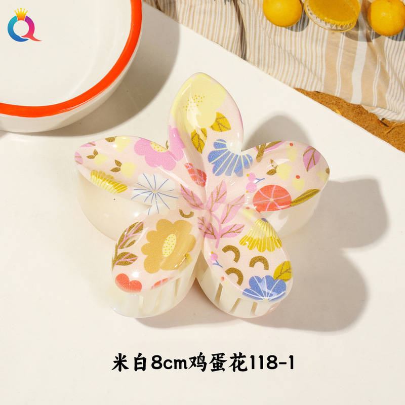 Qiyue クロスボーダー新 UV プリントカラフルなプルメリアヘアピンフラワーグリッパーハイエンド女性のヘアアクセサリーサイドグリップサメクリップ|undefined