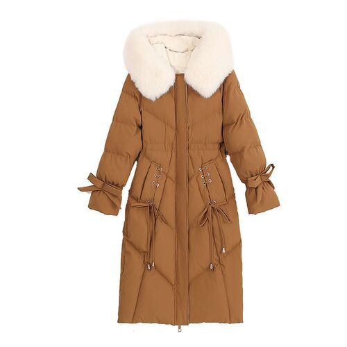 Women's Mid-Length Down Jacket with Cotton Insulation - Fashionable, Korean Style, Fitted, Thick, Waist-Close, Trendy