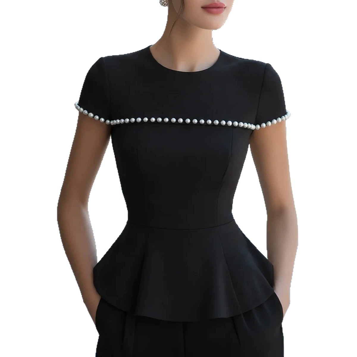 Elegantes Kurzarmtop mit Perlenverzierung für Damen, lässige Bluse mit Rundhalsausschnitt, bequemes Polyesterhemd für Büro und Alltag_voghion.com