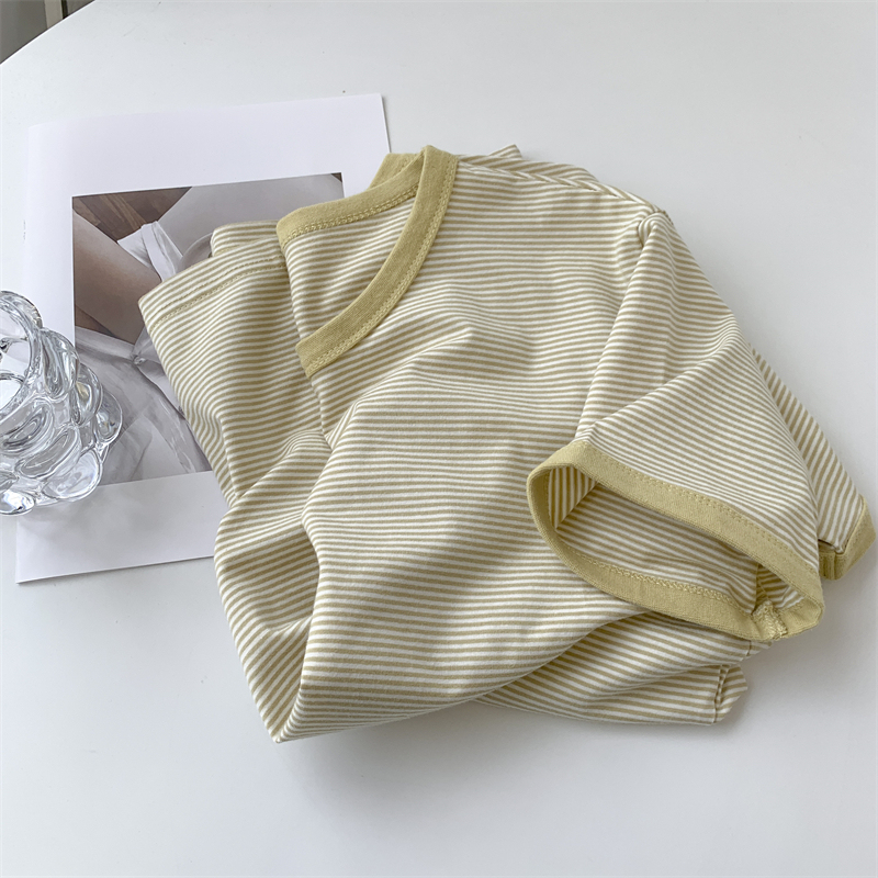 Pure Cotton contrast color collar striped short-sleeved T-shirt women's design simple striped temperament top Korean casual round neck T