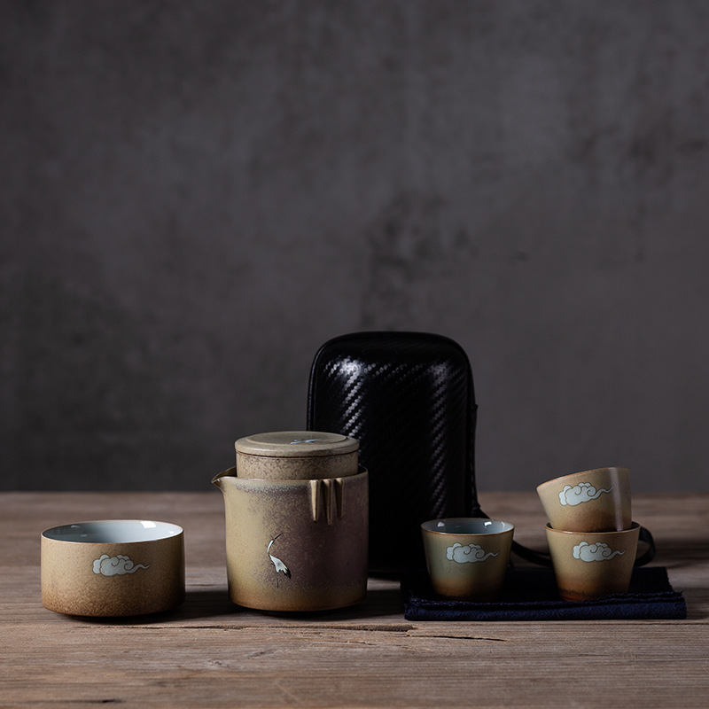 Juego de té viaje traje una olla cuatro tazas portátil Kung Fu taza al aire libre simple estilo japonés tetera retro casa