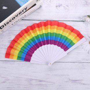 23cm Rainbow Plastic Fan Cloth Fan, Plastic Silk Cloth Folding Fan, Dance Fan Six-Color Rainbow Folding Fan Cloth Surface Dance