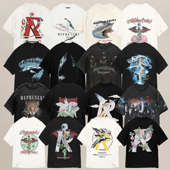 Represrep杜賓犬水洗いして古いアメリカのファッションブランドのヴィンテージのレトロなサメの半袖のtシャツの男をします。